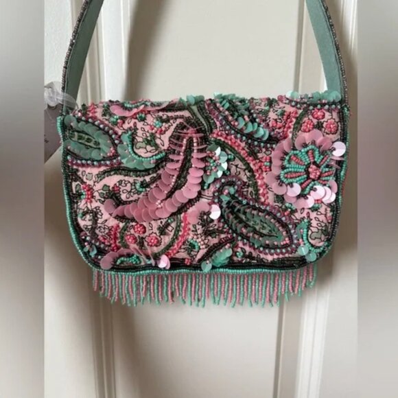 Viral Tik Tok Beaded Hand Made in India  Floral Paisley Fringe Purse Bag NWT - Picture 1 of 7